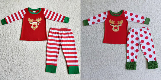 RTS NO MOQ Embroidered Christmas Deer Head Elk Long Sleeve Pants Pajamas Pure Cotton