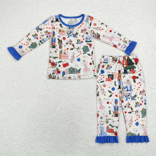 bamboo rts no moq GLP1475 Modal Christmas tree nutcracker blue lace beige long-sleeved trousers pajamas set