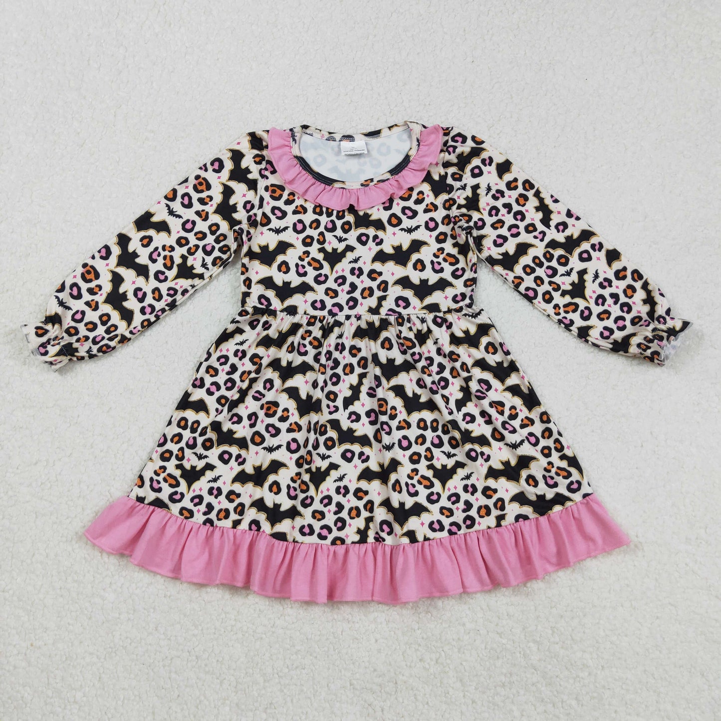 RTS NO MOQ（In Stock) GLD1224 Halloween Bat Leopard Print Pink Lace Long-Sleeved Dress