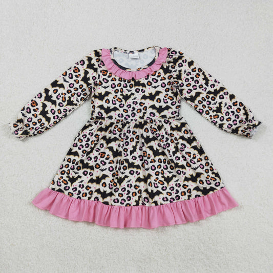 RTS NO MOQ（In Stock) GLD1224 Halloween Bat Leopard Print Pink Lace Long-Sleeved Dress