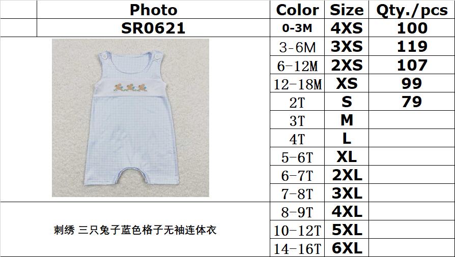 SR0621 Embroidered Three Rabbits Blue Plaid Sleeveless Jumpsuit