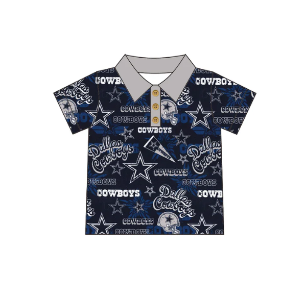 Deadline September 23  custom no moq  eta 6-8weeks  Blue Geometric-Letter Button Stand Collar Short Sleeve