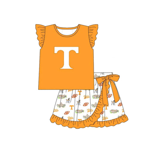 custom moq 5 eta 6-7weeks Summer orange short-sleeved shorts suit girls sets