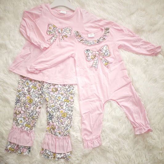 RTS NO MOQ baby girl clothes embroidery bow long sleeve Rompers Clothes Sets