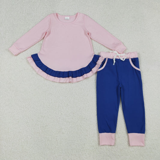 RTS NO MOQ（In Stock) GLP2401 Solid royal blue lace long-sleeved pantsuit with light pink trim
