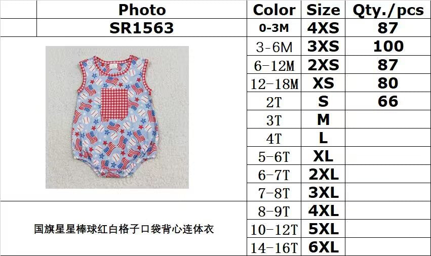 RTS no moq SR1563 National flag star baseball red and white checkered pocket vest onesie