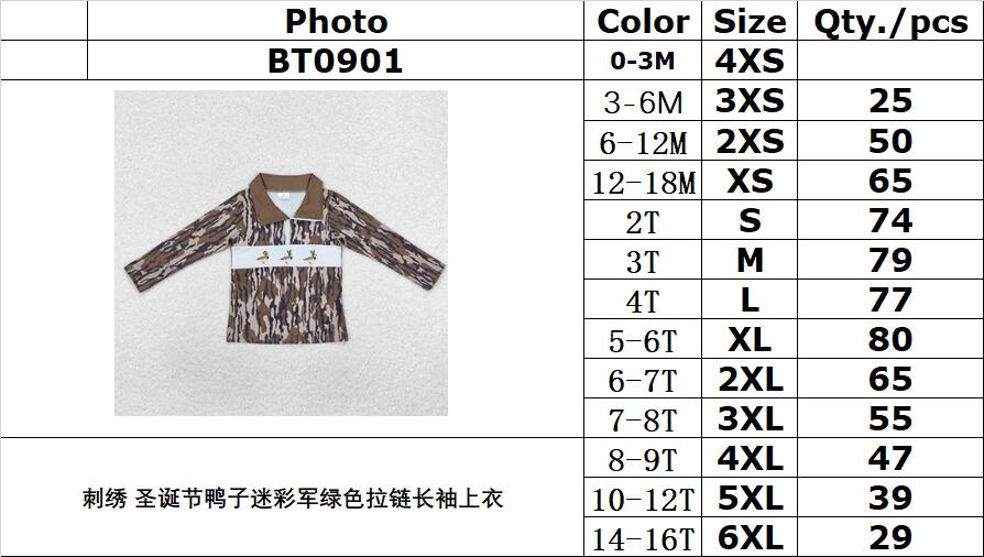 RTS NO MOQ ETA 5/7days Arrived BT0901 Embroidered Christmas duck camouflage army green zipper long-sleeved top