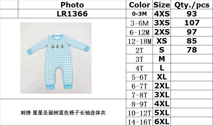 rts no moq LR1366 Embroidered star Christmas tree blue plaid long sleeve jumpsuit