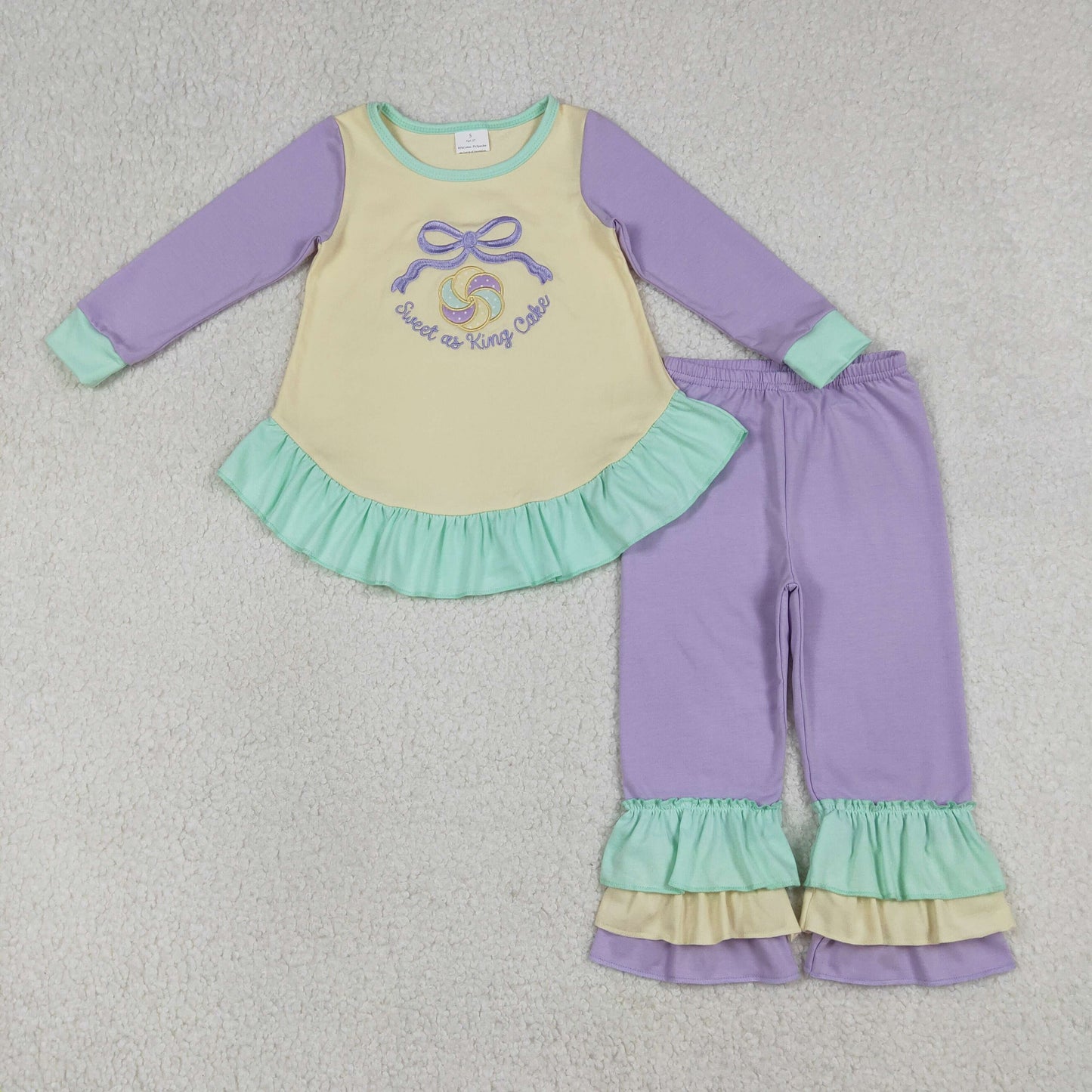 RTS NO MOQ（In Stock) GLP2979 Embroidered Sweet as King Cake Bow Pattern Lace Long-Sleeved Pants Set