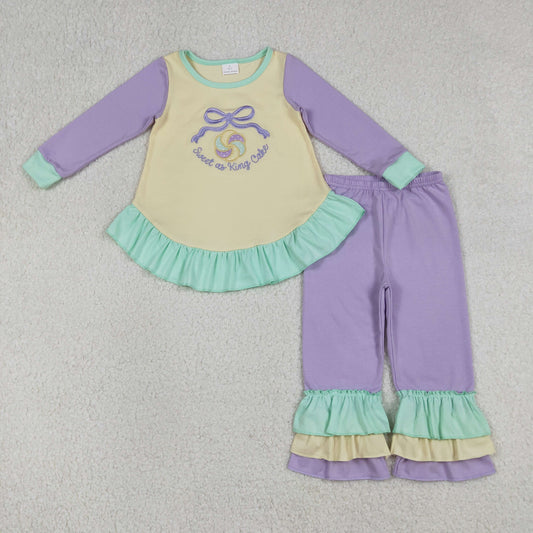 RTS NO MOQ（In Stock) GLP2979 Embroidered Sweet as King Cake Bow Pattern Lace Long-Sleeved Pants Set