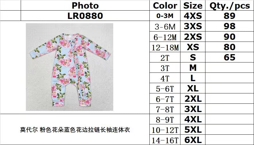 bamboo rts no moq LR0880 Modal Pink Flower Blue Lace Zipper Long Sleeve Bodysuit