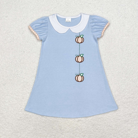 rts no moq GSD1257 Embroidered pumpkin doll collar blue short sleeve dress