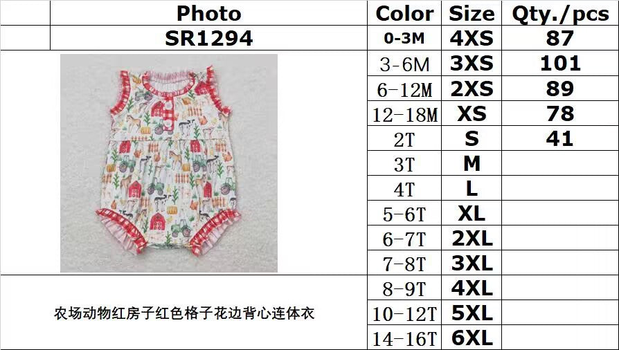 SR1294 Farm Animals Red House Red Plaid Lace Vest Jumpsuit