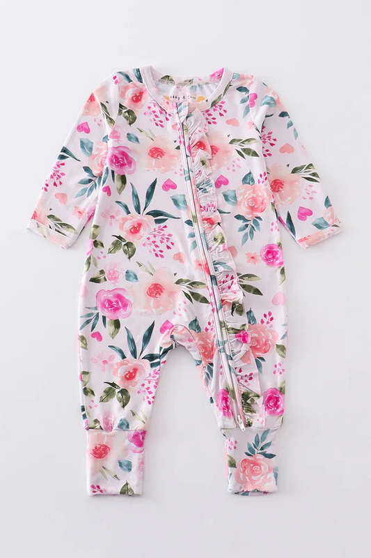 Deadline  August 8 custom no moq Long Sleeve Floral Zipper Romper