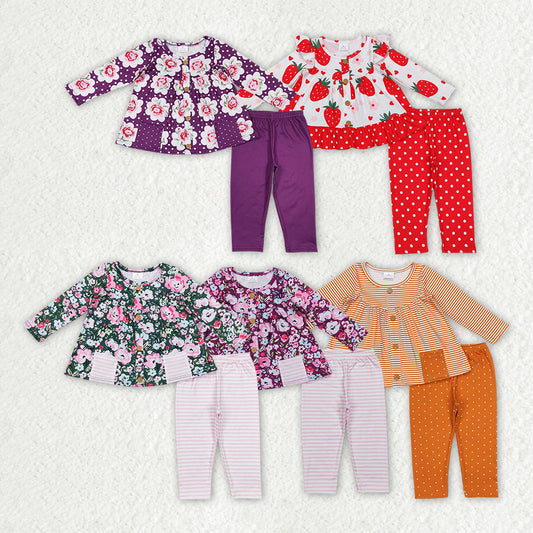 RTS NO MOQ Green long-sleeved pink and white striped trouser suit with flower pockets