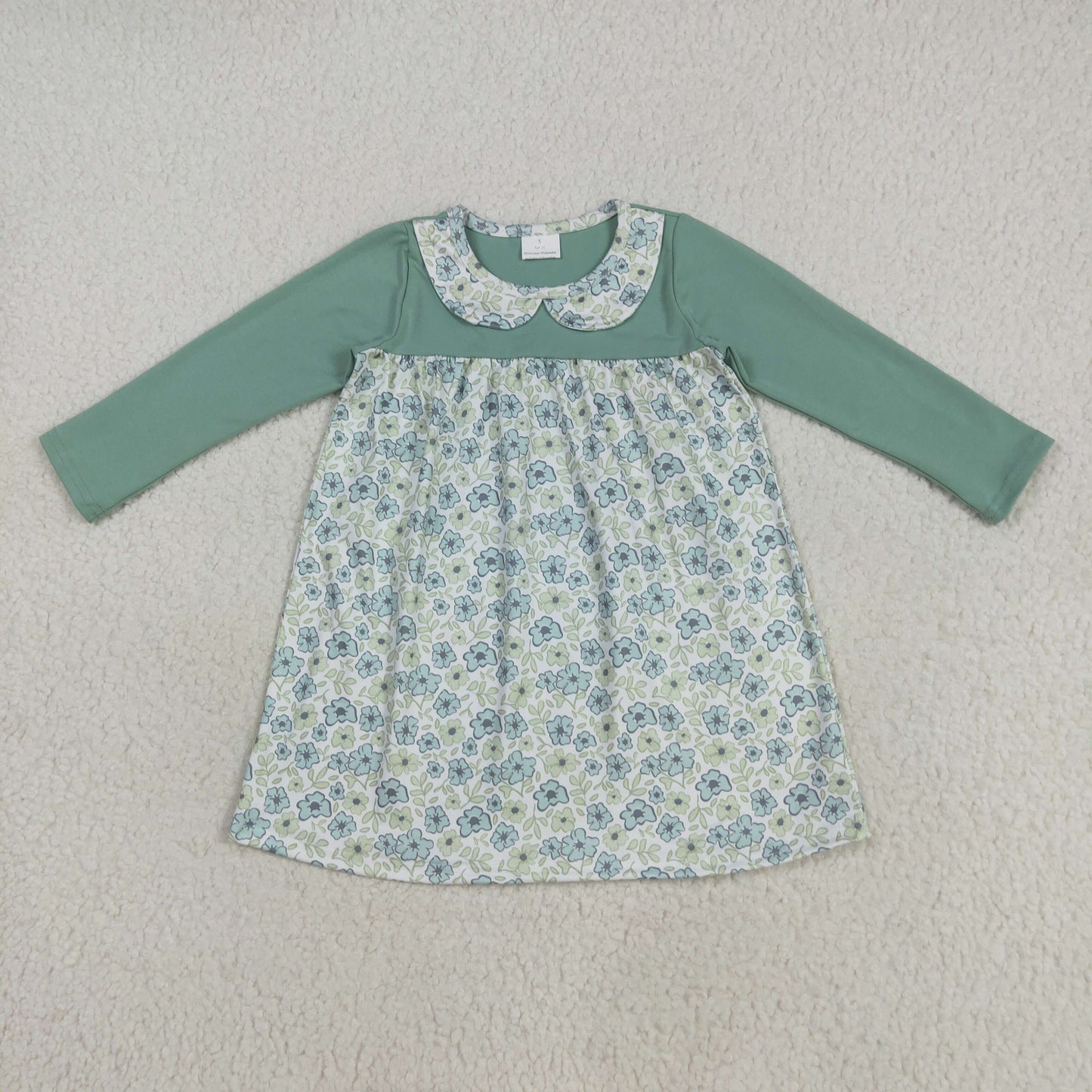 RTS NO MOQ（In Stock) GLD1087 Blue-green long-sleeved dress with floral doll collar