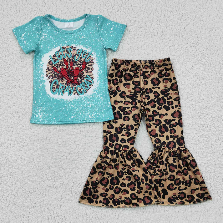 RTS NO MOQ Baby Girls Brown Leopard Print Fly Sleeve Romper & Short Sleeve Flared Pants Set