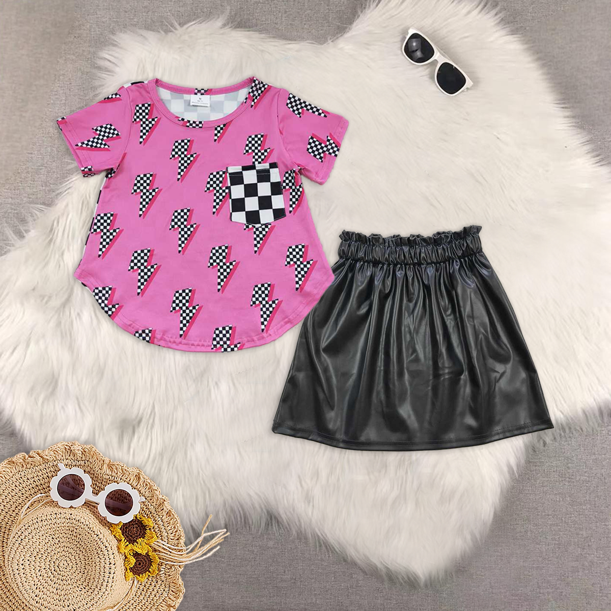 RTS NO MOQ GT0227+GLK0013 rose red short-sleeved shirt with letters black shiny skirt sets