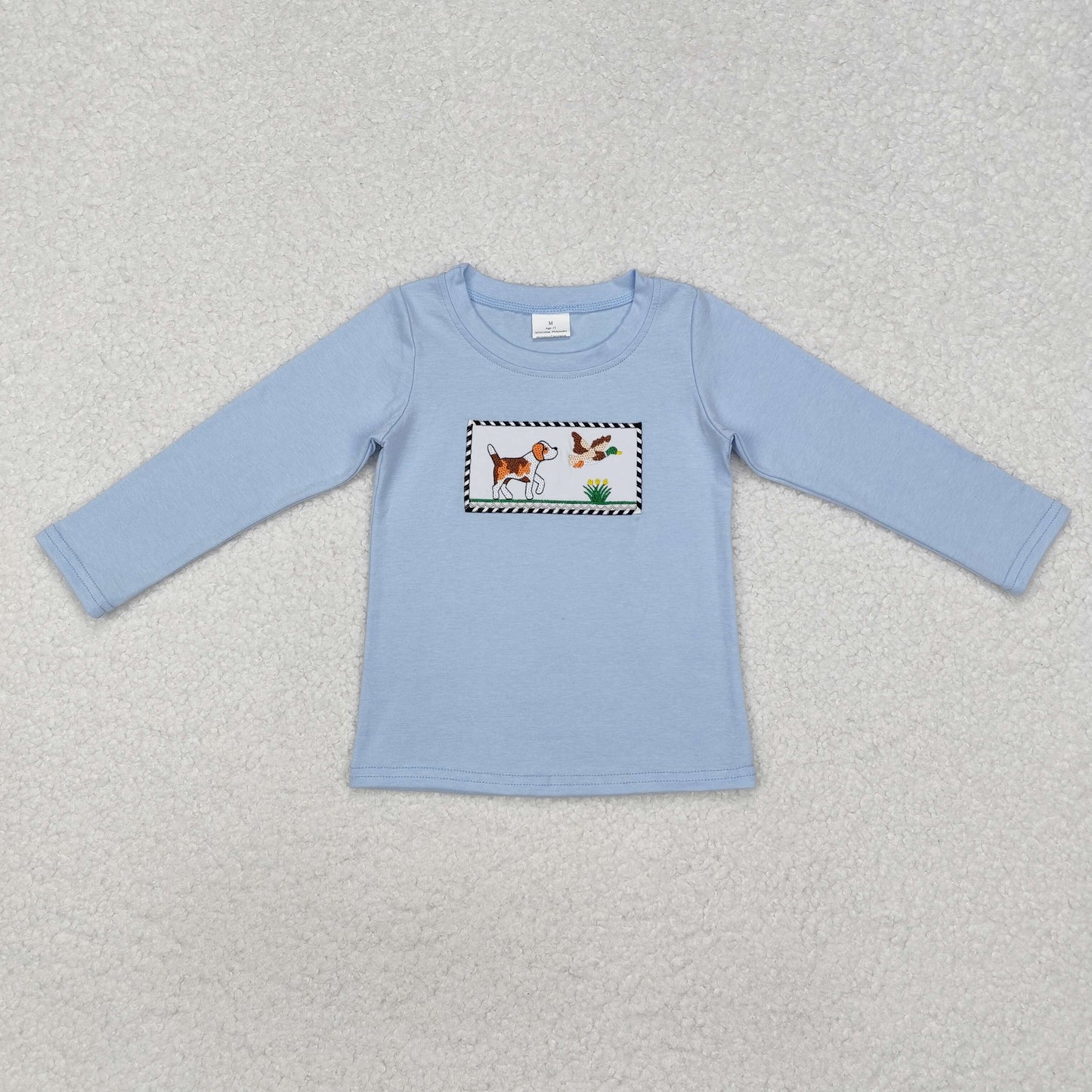 RTS NO MOQ ETA 5/7days Arrived BT1007 Embroidered puppy duck light blue long-sleeved top