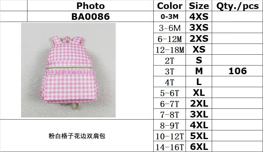 BA0086 Pink and white plaid lace backpack