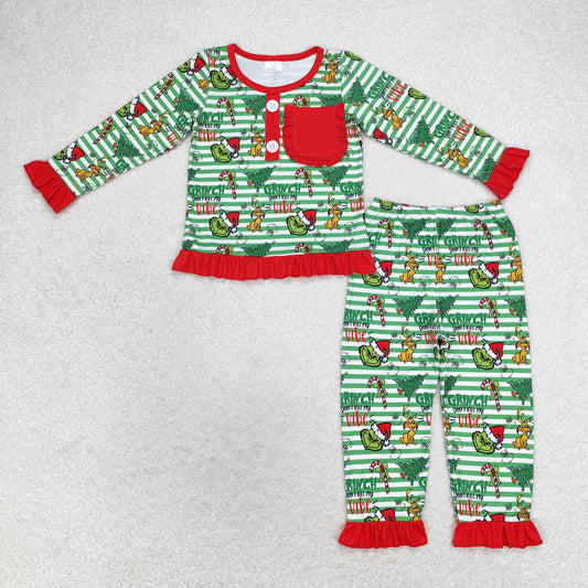 rts no moq GLP1228 grinch puppy Christmas tree red lace pocket green striped long sleeve long pants pajama set