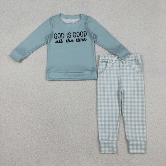 RTS NO MOQ（In Stock) God is Good All the Time Blue-Green Long-Sleeve Plaid Pants Set
