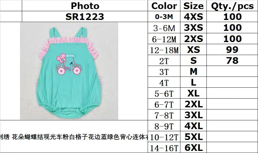 RTS no moq SR1223 Embroidered flower bow sightseeing car pink and white plaid lace blue-green vest jumpsuit