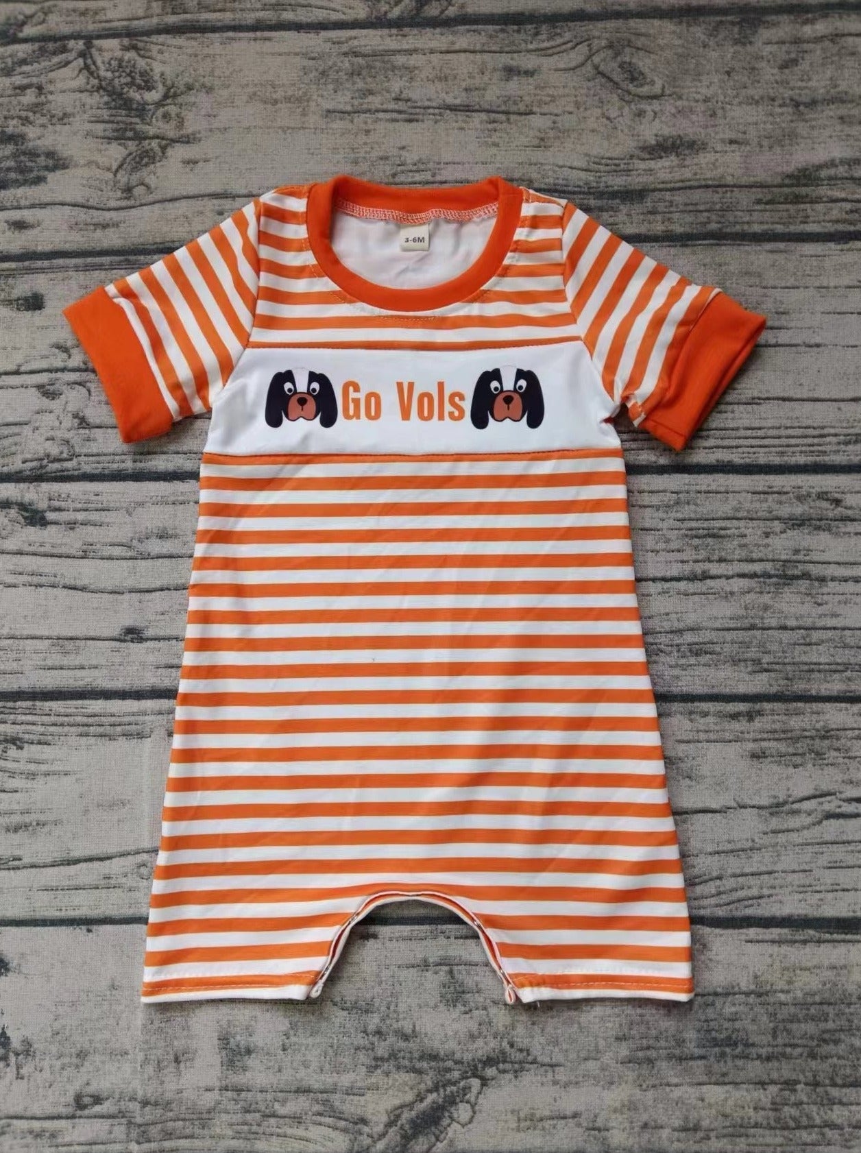 custom moq 5 eta 4-6weeks mix size baby boys clothes team orange striped short sleeve summer Romper