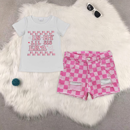 RTS NO MOQ GT0557+SS0092 short sleeve Pink Check Denim Shorts sets