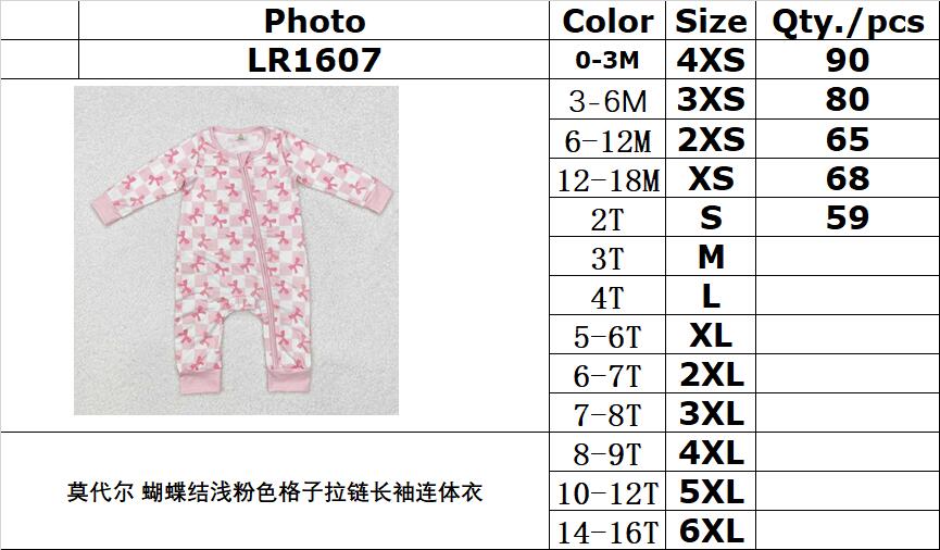 BAMBOO RTS NO MOQ ETA 5/7days Arrived LR1607 Modal bow light pink plaid zipper long-sleeved jumpsuit