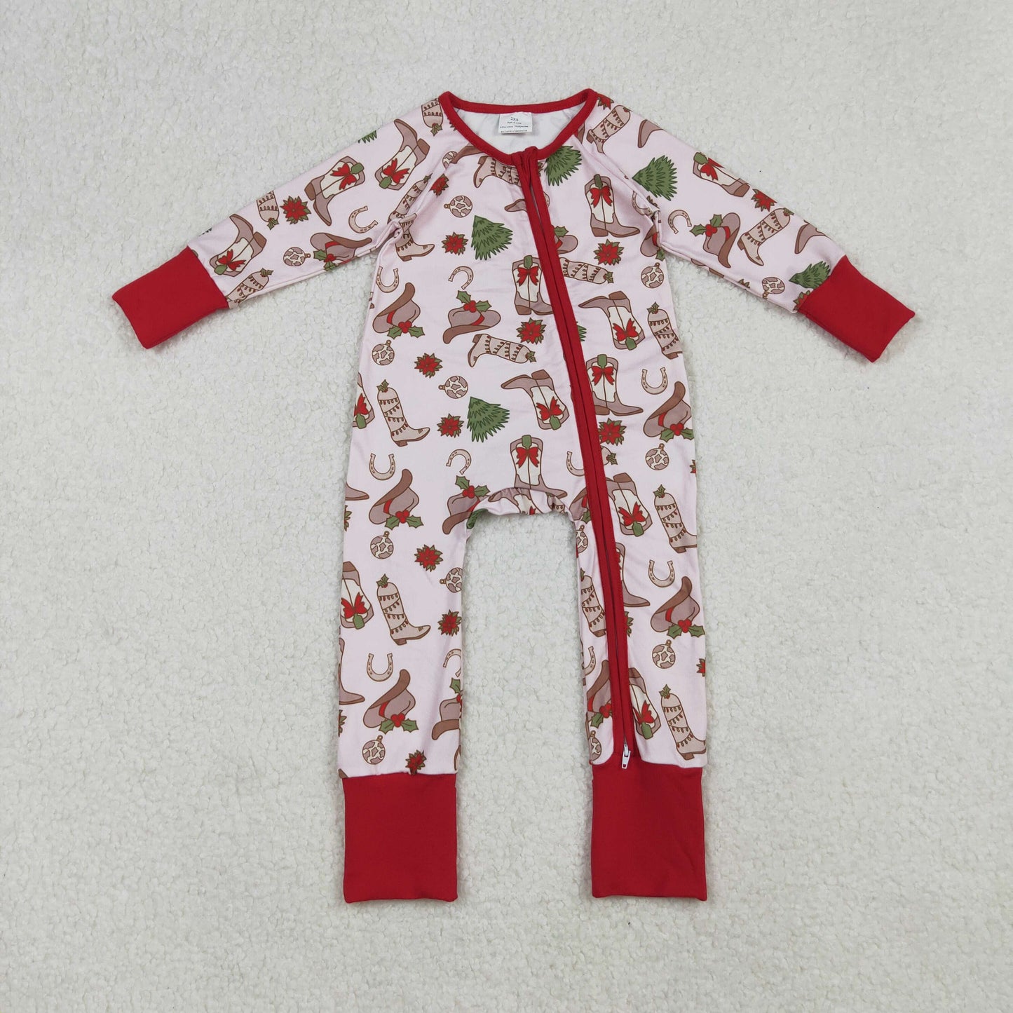 RTS NO MOQ（In Stock) LR2584 Pink long-sleeved bodysuit with a red zipper and Christmas tree boots and hat