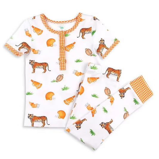 Custom moq 3 eta about 6-8 weeks  baby girls clothes tiger orange Short Sleeve Long Pants Pajama Set