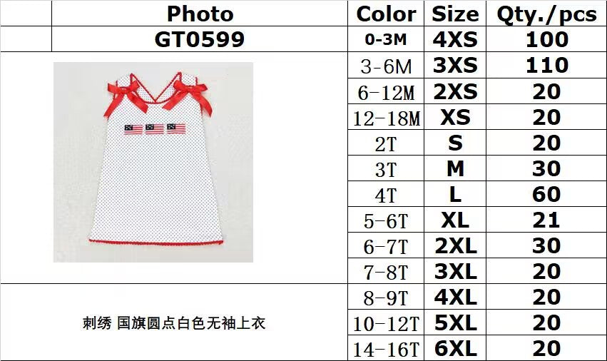 rts no moq GT0599 Embroidered Flag Polka Dot White Sleeveless Top