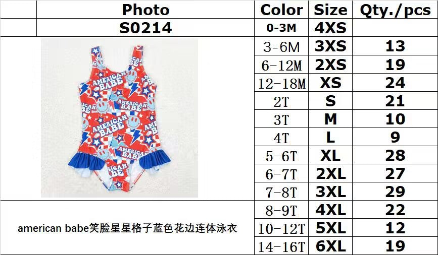 rts no moq S0214 American babe smiley face star plaid blue lace one-piece swimsuit