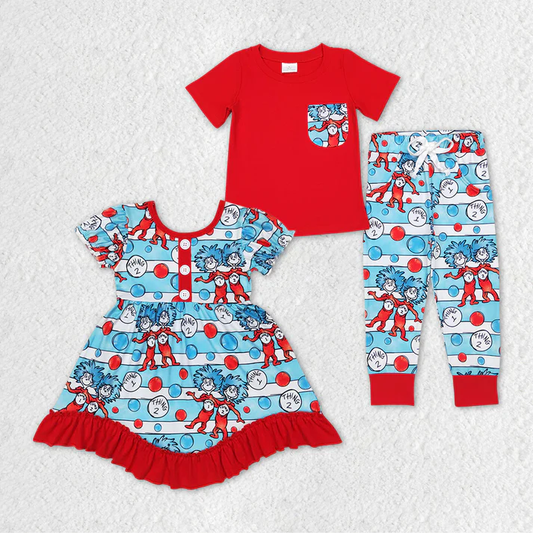 RTS NO MOQ dr seuss red short-sleeved dress and short-sleeved pants set