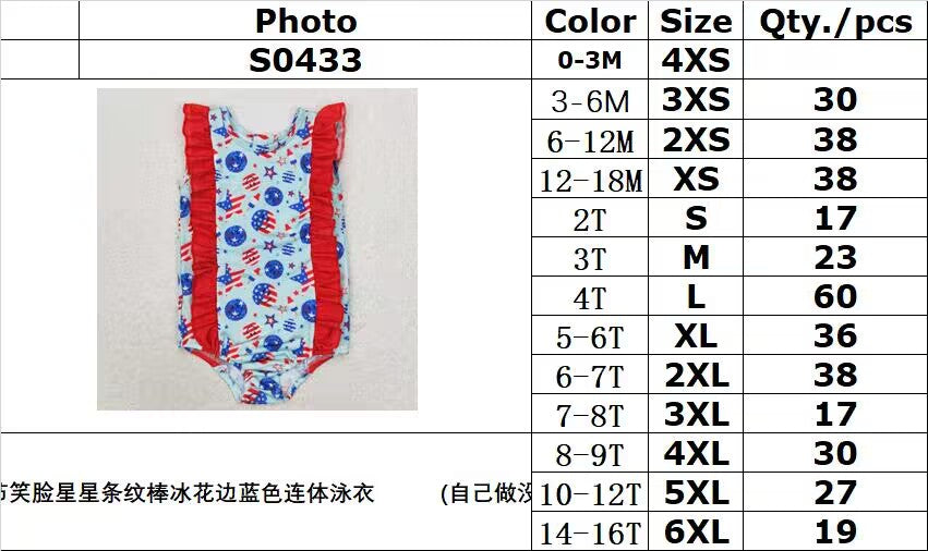 rts no moq S0433 National Day Smiley Star Striped Popsicle Lace Blue One-Piece Swimsuit