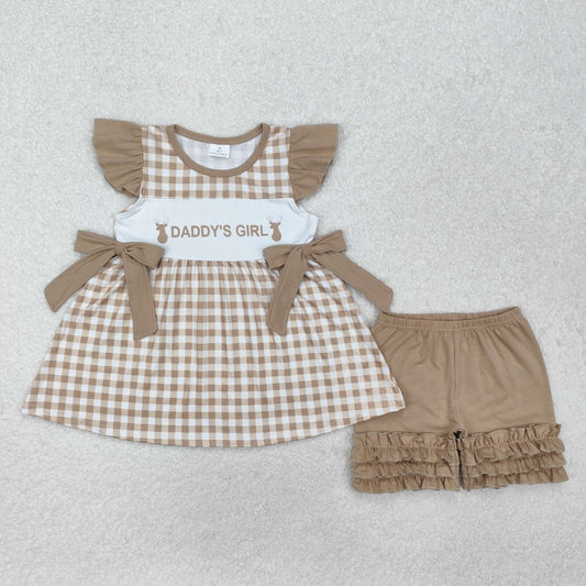 RTS NO MOQ ETA 5/7days Arrived GSSO1644 Daddy's girl elk lace bow plaid flying sleeve shorts set