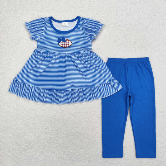 RTS no moq GSPO1677 Embroidered blue bow rugby striped short sleeve trousers set