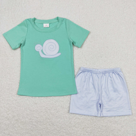 BSSO0571 Embroidered snail teal short-sleeved plaid shorts suit(3/6m-7/8t)