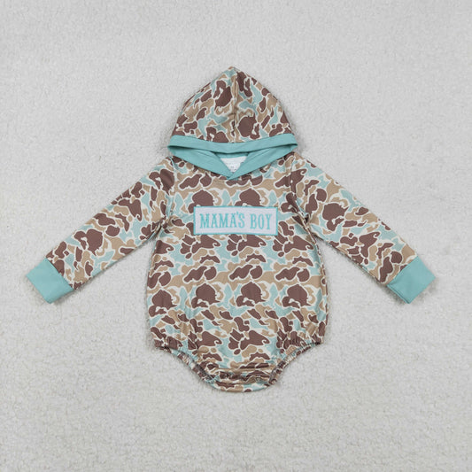 RTS NO MOQ（In Stock) LR2795 Embroidered Mama's Boy Blue-Green-Brown Camouflage Hooded Long-Sleeve Bodysuit