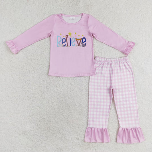 rts no moq GLP1300 Believe star pink long-sleeved plaid trousers pajama set