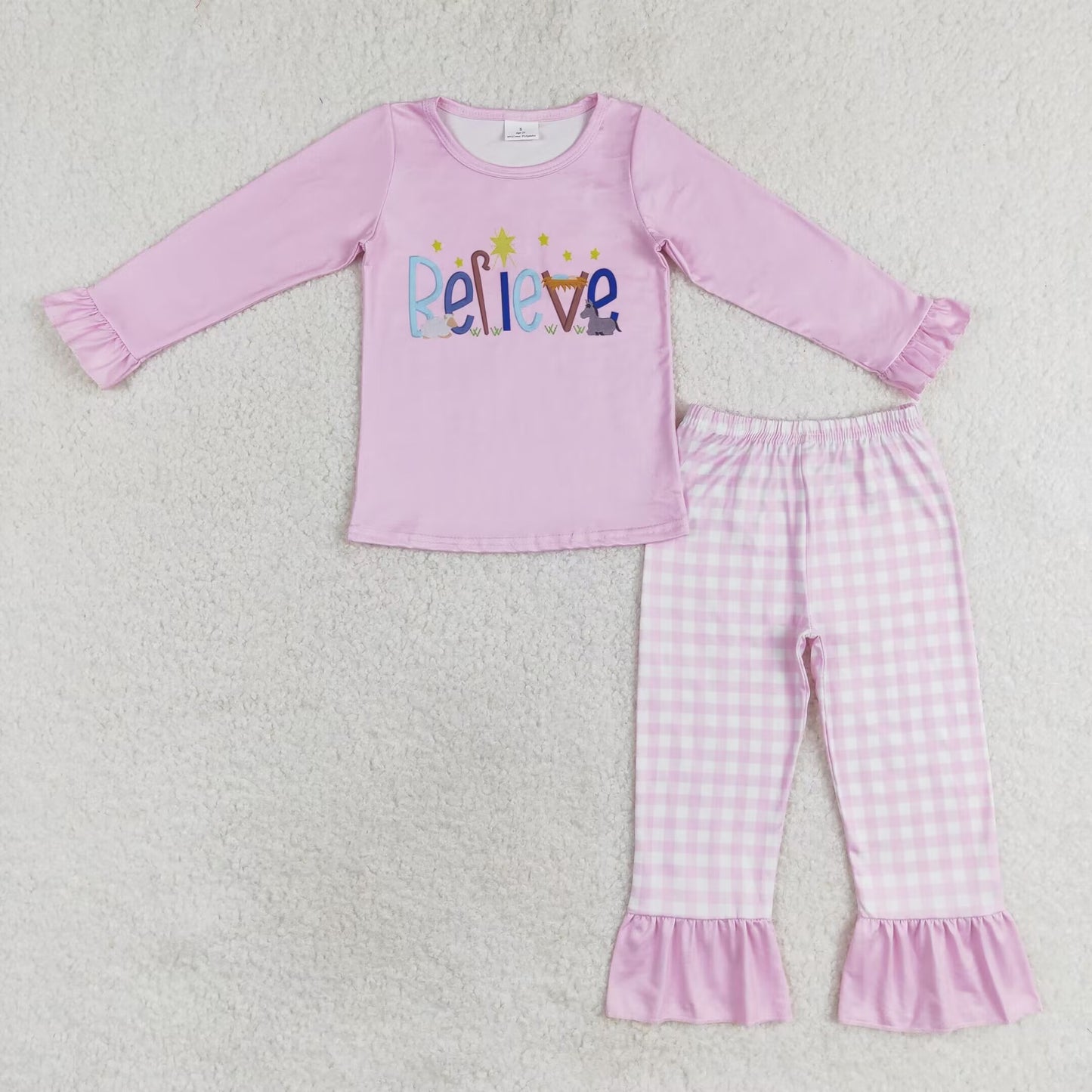 rts no moq GLP1300 Believe star pink long-sleeved plaid trousers pajama set