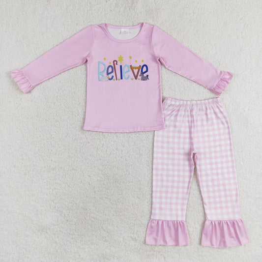 rts no moq GLP1300 Believe star pink long-sleeved plaid trousers pajama set