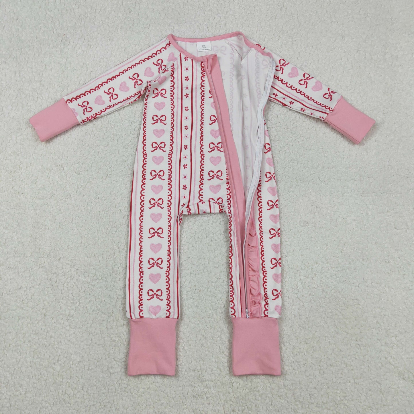 RTS NO MOQ（In Stock ) LR2781 Heart-Bow Pattern Floral Striped Beige Zipper Long-Sleeved Jumpsuit