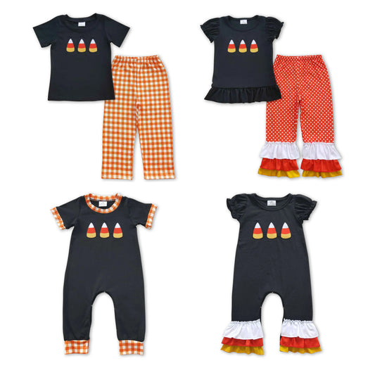 RTS NO MOQ Halloween embroidery boys and girls rompers matching candy embroidery