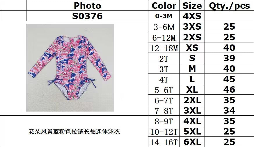 rts no moq S0376 Flower scenery blue and pink zipper long-sleeved one-piece swimsuit