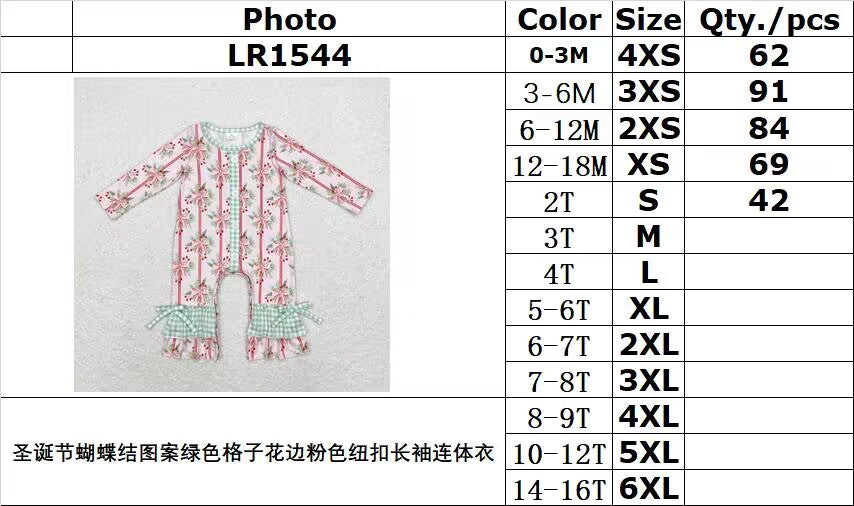 rts no moq LR1544 Christmas bow pattern green plaid lace pink button long-sleeved jumpsuit