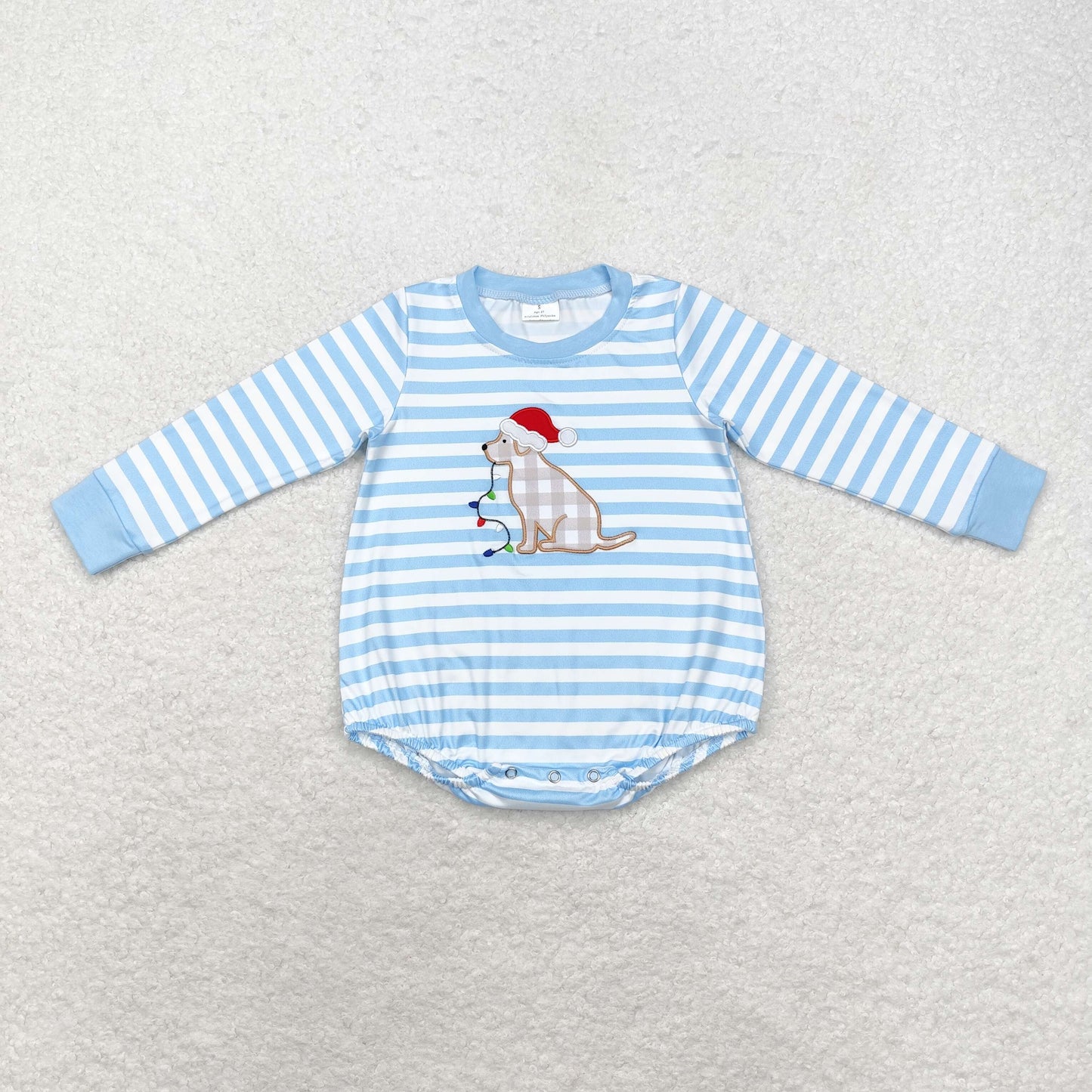 rts no moq LR1307 Embroidered Christmas hat puppy colored lights striped blue and white long-sleeved jumpsuit
