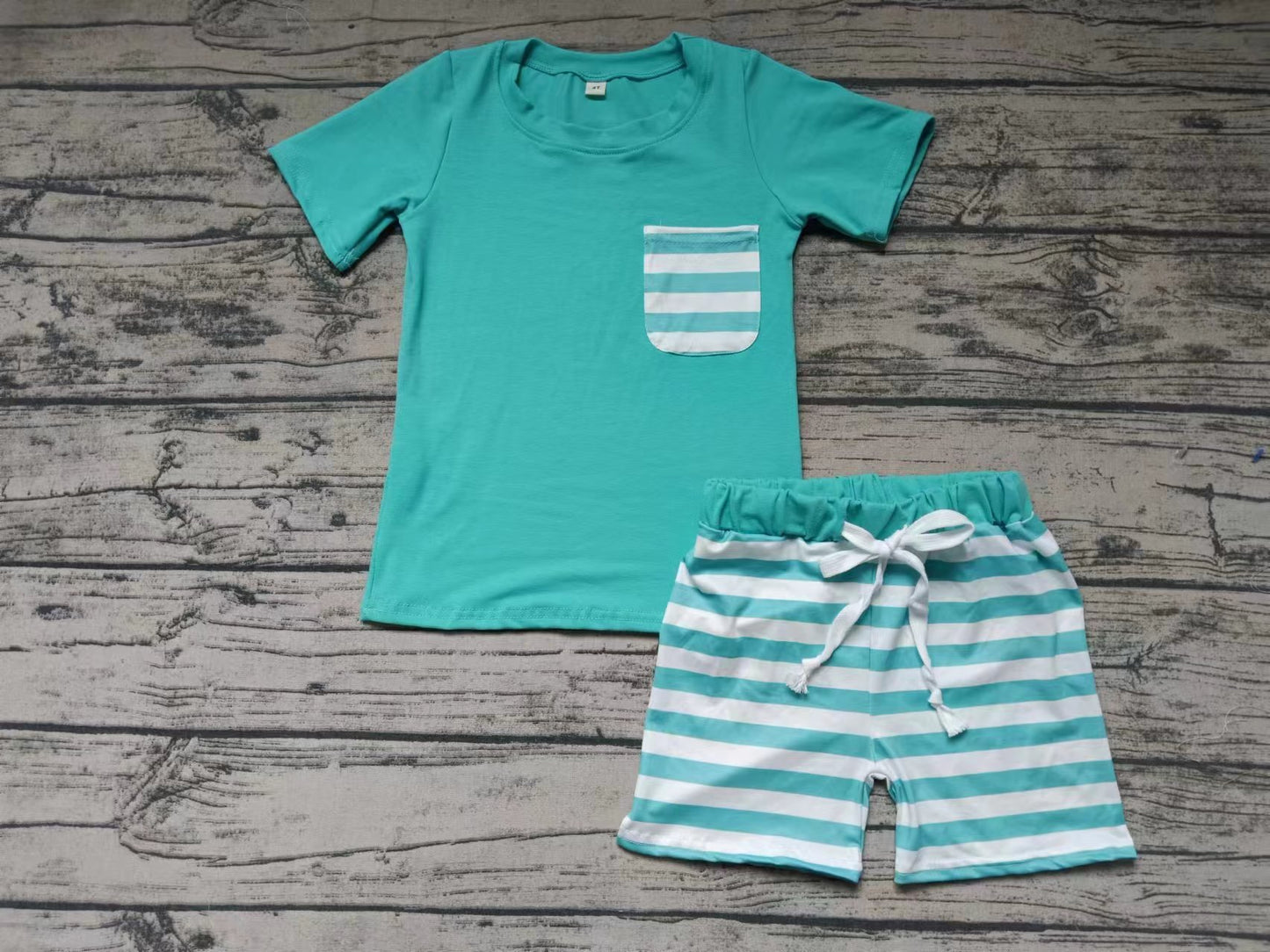 custom moq 5 eta 5weeks mix size summer boys clothes teal short sleeve striped shorts sets