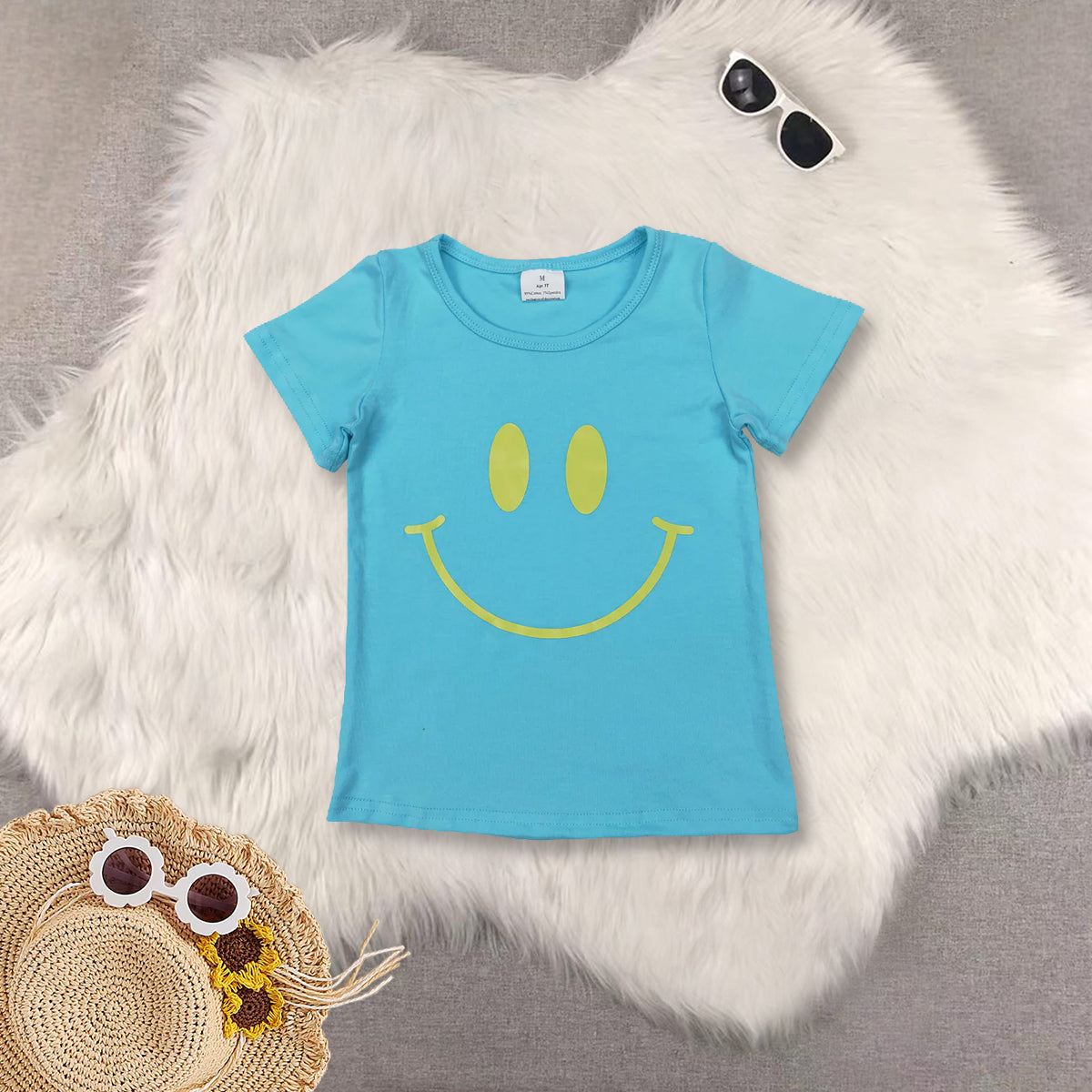 RTS NO MOQ Sibling baby girls clothes smiley blue short sleeve short skirts sets and Top and yoga skirts